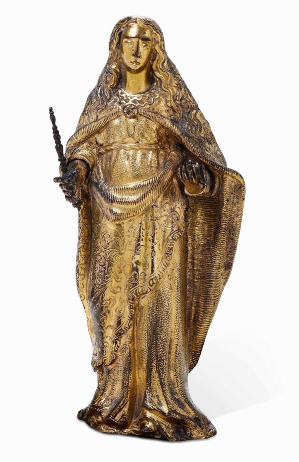Madonna con scettro Bronzo fuso, cesellato e dorato, arte Fiamminga o spagnola degli inizi del XVII secolo