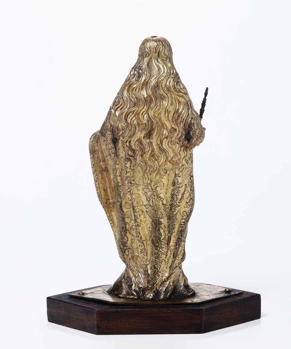 Madonna con Scettro Bronzo Fuso, Cesellato e Dorato, Arte Fiamminga o Spagnola degli Inizi del XV...