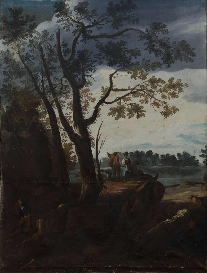 Scuola del XVIII secolo Paesaggio con coppia di contadini  - Asta Dipinti antichi - Cambi Casa d'Aste