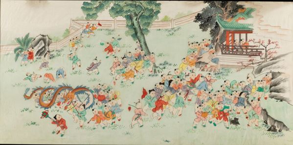 Dipinto su carta raffigurante bambini che giocano entro paesaggio, Cina, Repubblica, XX secolo