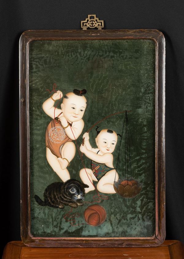 Coppia di dipinti su vetro raffiguranti bambini che giocano, Cina, Dinastia Qing, XIX secolo