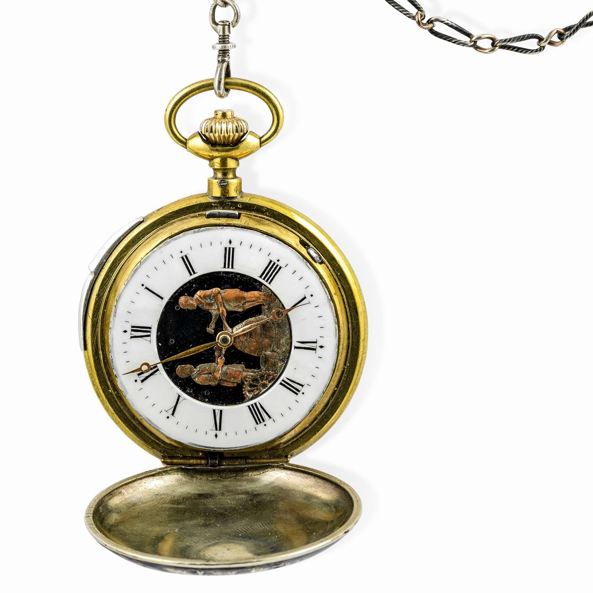 Orologio Automa Anonimo da Tasca in Argento Niellato con Scene di Caccia Ripetizione Ore e Minuti...