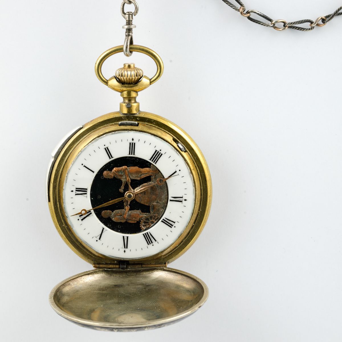 Orologio Automa Anonimo da Tasca in Argento Niellato con Scene di Caccia Ripetizione Ore e Minuti...