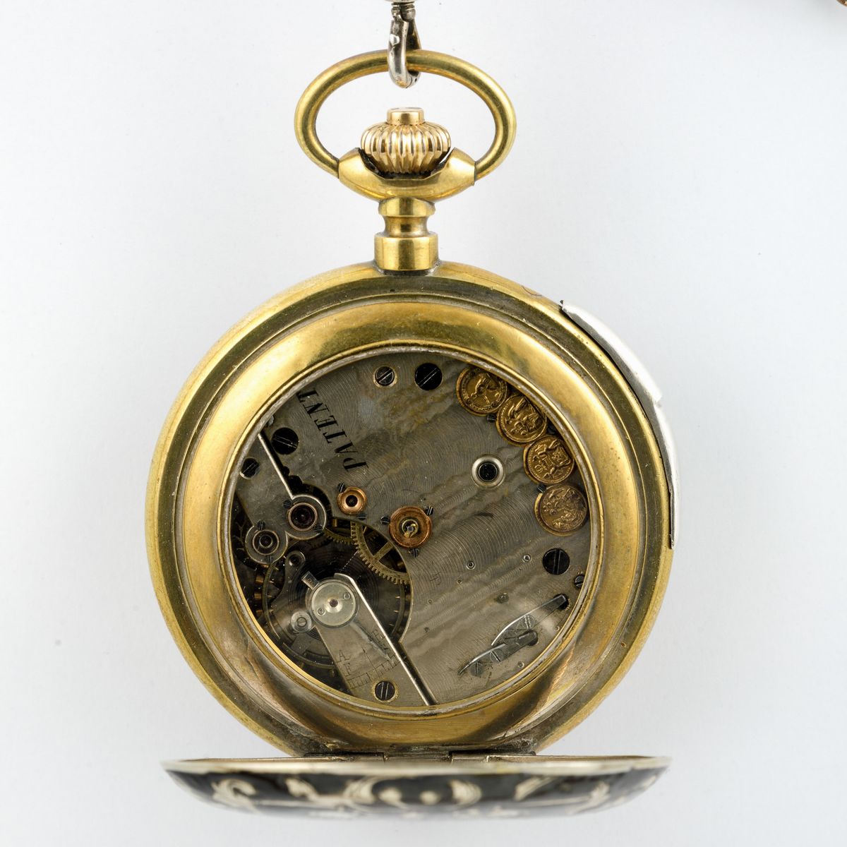 Orologio Automa Anonimo da Tasca in Argento Niellato con Scene di Caccia Ripetizione Ore e Minuti...