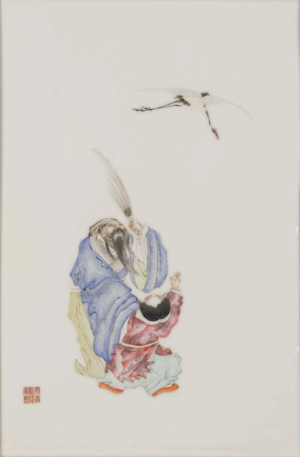 Placca in porcellana raffigurante saggio, fanciullo e airone,Cina, Dinastia Qing, XIX secolo