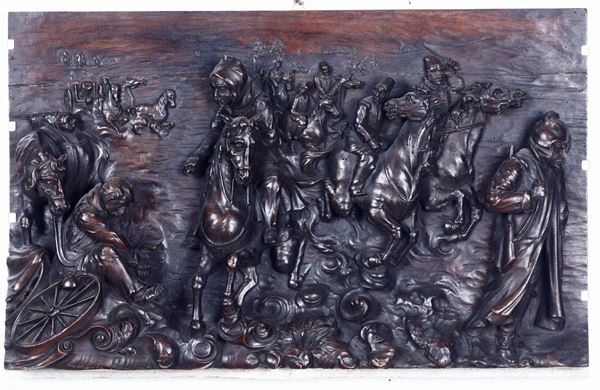 Rilievo in legno scolpito e patinato raffigurante la Battaglia di Lule Burgas. Scultore del XX secolo