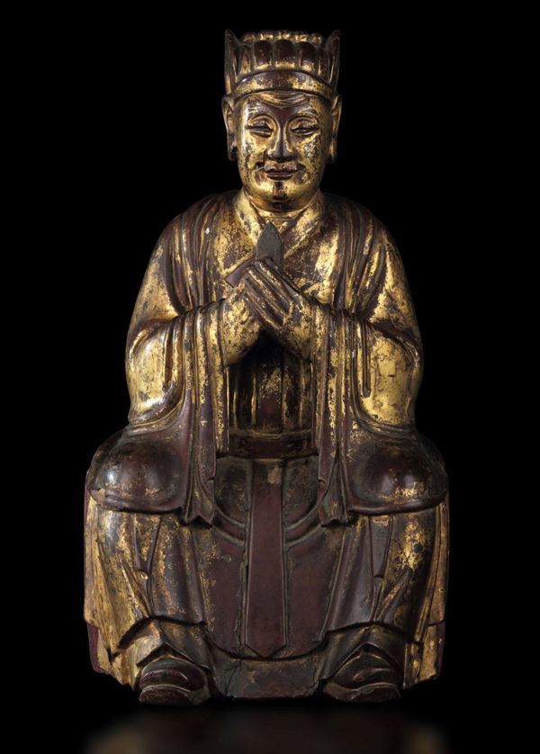 Figura di Wenchang Dijun seduto in legno con tracce di doratura, Cina, Dinastia Qing, epoca Kangxi (1662-1722)