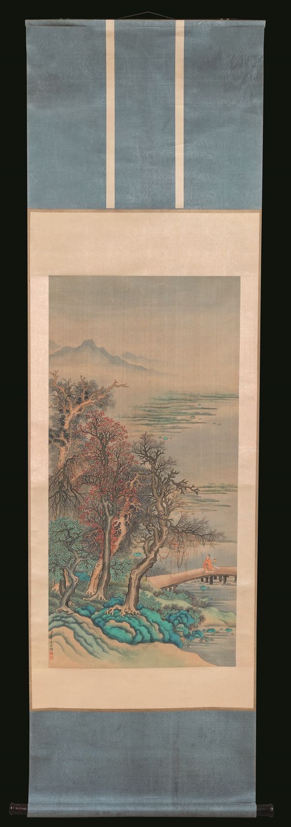 Dipinto su seta raffigurante paesaggio con saggio, discepolo e iscrizione, Cina, Dinastia Qing, XIX secolo