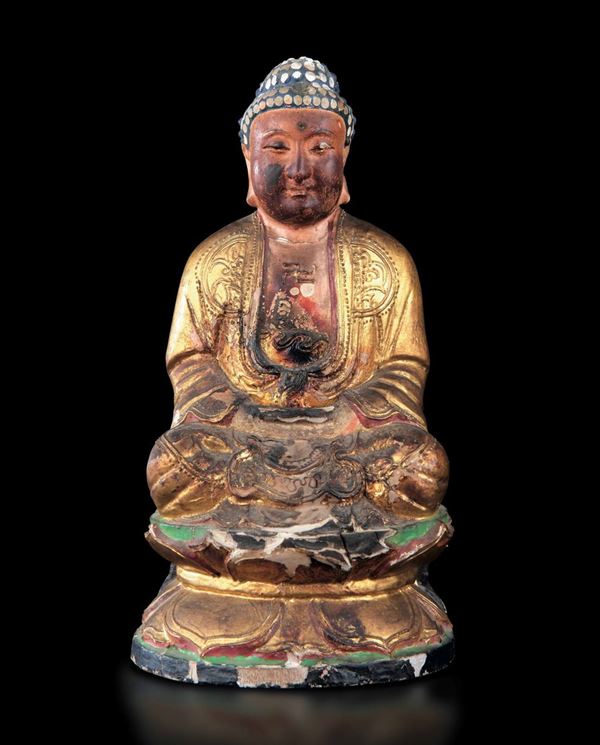 Figura di Buddha Amitayus seduto su doppio fiore di loto in legno laccato e dorato, Cina, Canton, Dinastia Qing, XVIII secolo