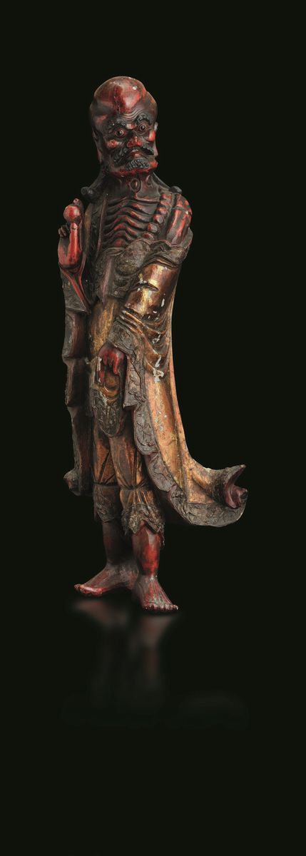Grande Figura di Saggio in Legno Laccato, Cina, Dinastia Qing, Epoca Jiaqing (1796-1820)