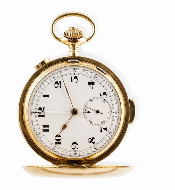 Orologio da tasca con tripla cassa in oro 18 k con ripetizione ore, quarti e minuti con cronografo, quadrante in smalto bianco e numeri Breguet