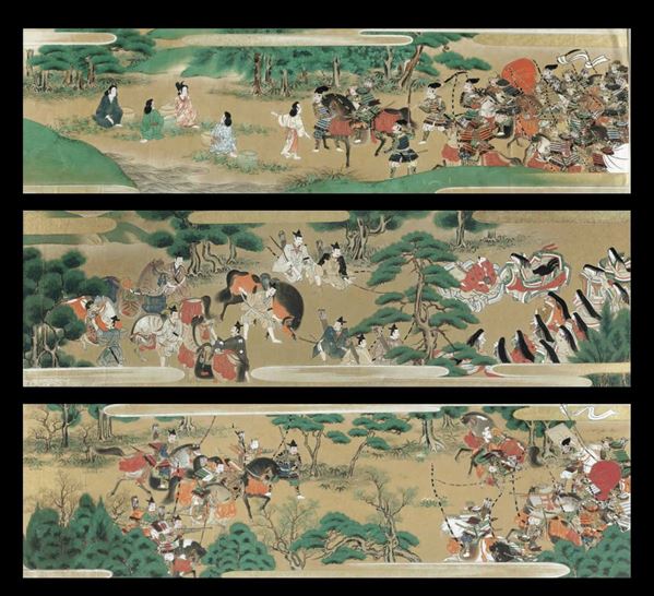 Tre dipinti su carta raffiguranti scene di vita comune con cavalieri, Giappone, periodo Edo (1603-1868)