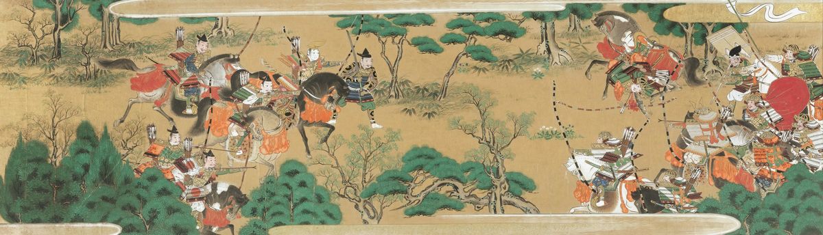 Tre Dipinti su Carta Raffiguranti Scene di Vita Comune con Cavalieri, Giappone, Periodo Edo (1603...