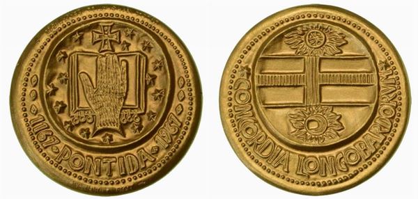 BERGAMO. Medaglia in oro del Circolo Numismatico Bergamasco per commemorare l'ottavo centenario del giuramento di Pontida 1967.