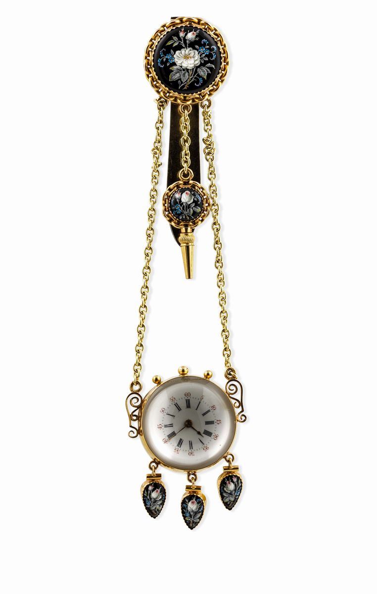 Orologio spilla francese in oro 18k e smalti con Chatelaine con cassa firmata Chaudè Paris  - Auction Watches and Pocket Watches - Cambi Casa d'Aste