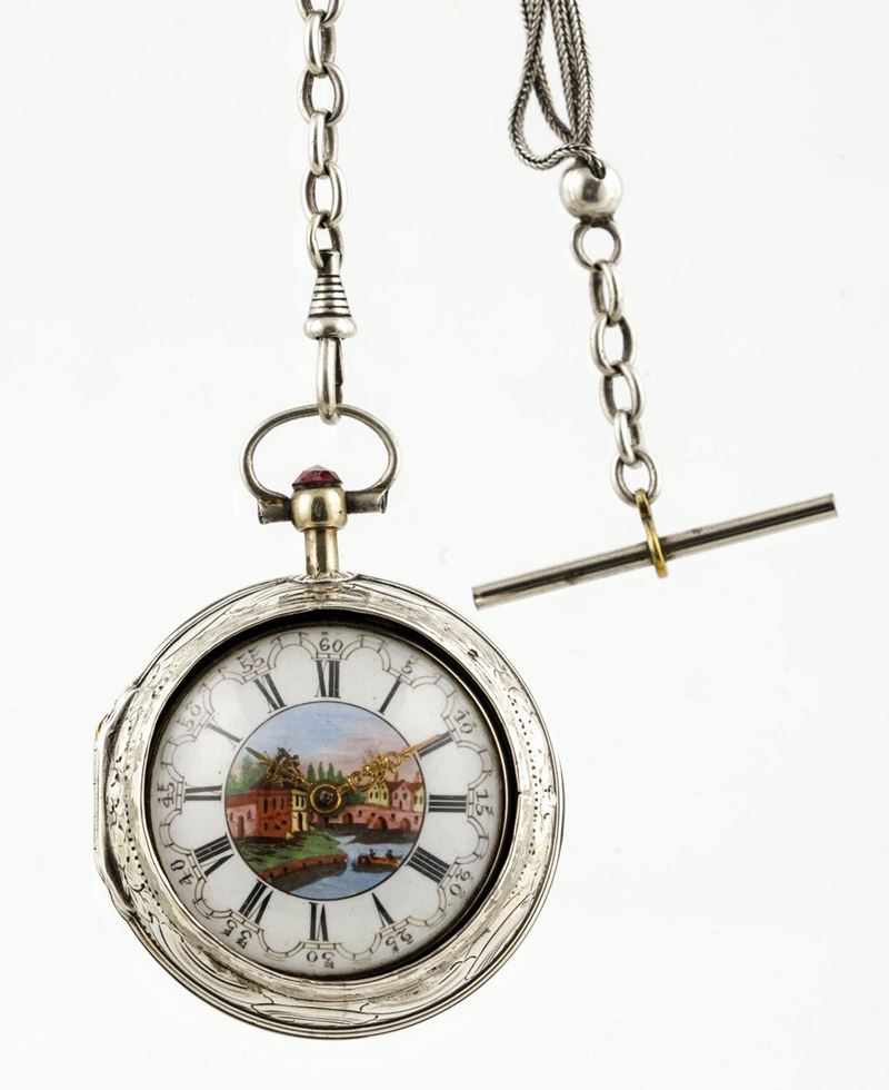 CABRIER - Orologio da tasca a verga in doppia cassa, stile inglese, quadrante in smalto bianco con miniatura smaltata al centro, circa 1740  - Auction Watches | Timed Auction - Cambi Casa d'Aste