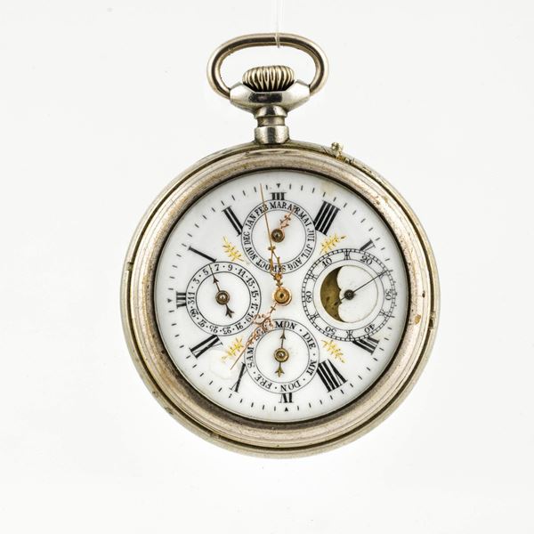 Orologio da tasca a calendario completo e fasi lunari in argento, movimento a vista con scatola in legno