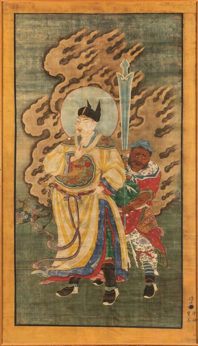 Dipinto su Seta Raffigurante Dignitario e Iscrizione, Cina, Dinastia Qing, XVIII Secolo