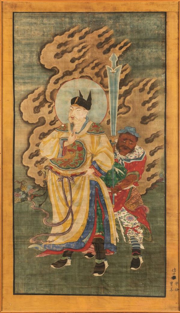 Dipinto su seta raffigurante dignitario e iscrizione, Cina, Dinastia Qing, XVIII secolo