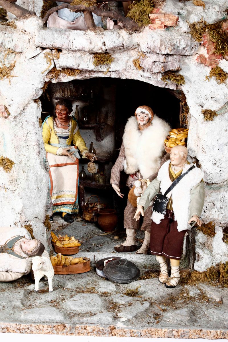 Arte Napoletana, XX Secolo. Gruppo Presepiale con Sacra Famiglia, Figure e Pastori.