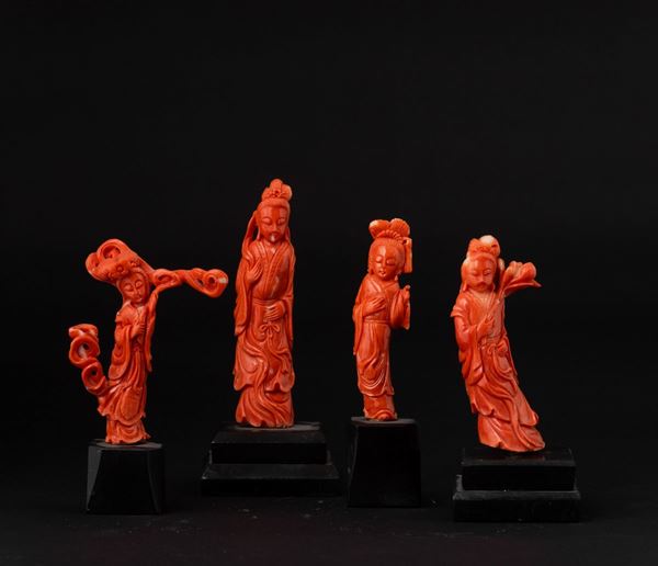 Four small coral figures, China, early 1900s