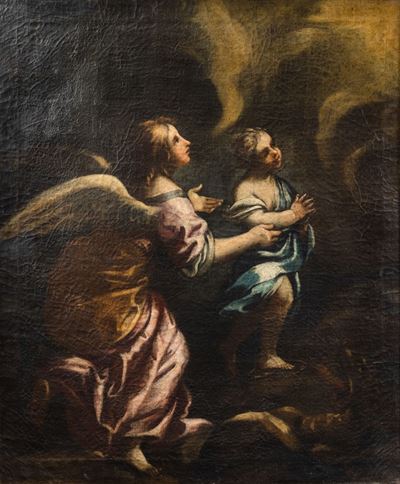 L'Angelo Custode protegge un fanciullo, olio su tela