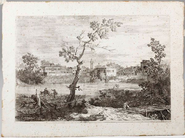 Giovanni Antonio Canal detto Il Canaletto (Venezia 1697-1768) Veduta di un villaggio sulla riva del fiume(il Dolo)