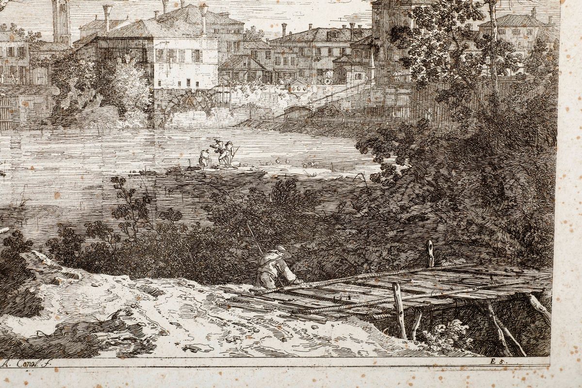 Giovanni Antonio Canal Detto il Canaletto (venezia 1697-1768)veduta di un Villaggio sulla Riva de...