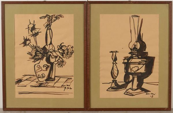Coppia di disegni, inchiostro su carta da spolvero, firmati Casotti? e datati in basso a sinistra '47