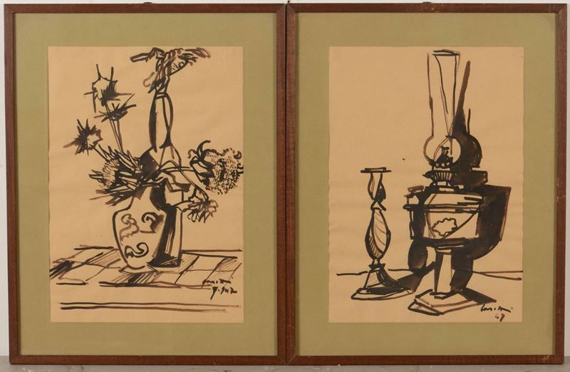 Coppia di disegni, inchiostro su carta da spolvero, firmati Casotti? e datati in basso a sinistra '47  - Auction 19th-20th century paintings - Cambi Casa d'Aste