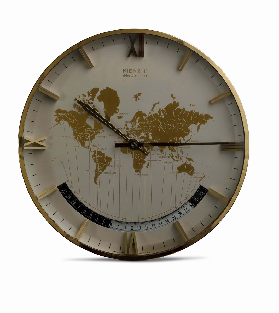 Kienzle - World Time, Orologio in Ottone Dorato, con Ore del Mondo, Apertura per le 24 Ore e Indi...