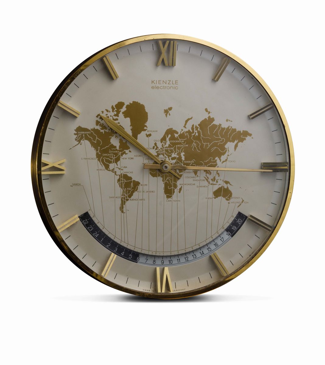 Kienzle - World Time, Orologio in Ottone Dorato, con Ore del Mondo, Apertura per le 24 Ore e Indi...