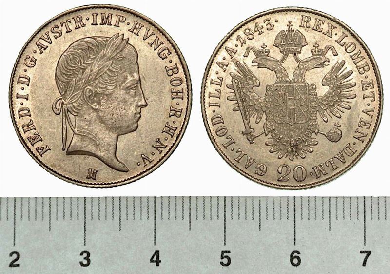 MILANO. FERDINANDO I, 1835-1848. 20 Kreuzer 1843.  - Auction Numismatics - Cambi Casa d'Aste