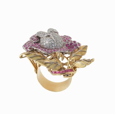 Anello Rosa con Pavè di Rubini e Diamanti