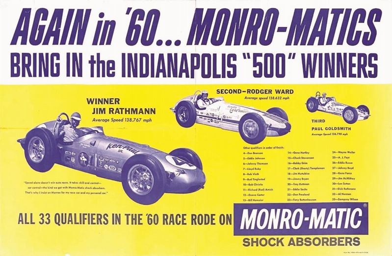 Anonimo AGAIN IN ’60… MONRO-MATICS BRINGS IN THE INDIANAPOLIS “500” WINNERS   - Auction Posters | Cambi Time - I - Cambi Casa d'Aste