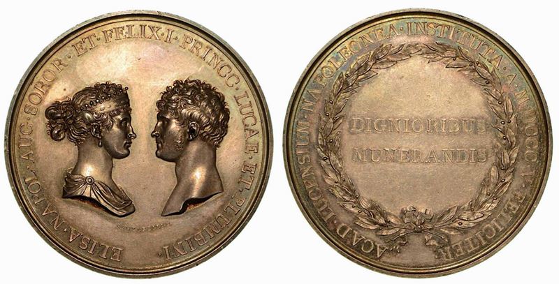 ELISA BONAPARTE E FELICE BACIOCCHI (1805-1814), REGIA ACCADEMIA LUCCHESE DI LETTERE, SCIENZE E ARTI. Medaglia premio in argento 1805.  - Asta Numismatica - Cambi Casa d'Aste