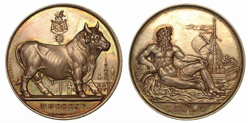 LA FLOTTA INGLESE VITTORIOSA SULLA SCHELDA IN OLANDA. Medaglia in argento 1815, Birmingham.  - Asta Numismatica - Cambi Casa d'Aste