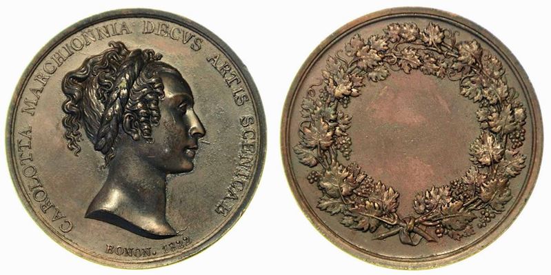 CARLOTTA MARCHIONI (Attrice e cantante 1796-1861). Medaglia commemorativa in bronzo, Bologna 1822.  - Asta Numismatica - Cambi Casa d'Aste
