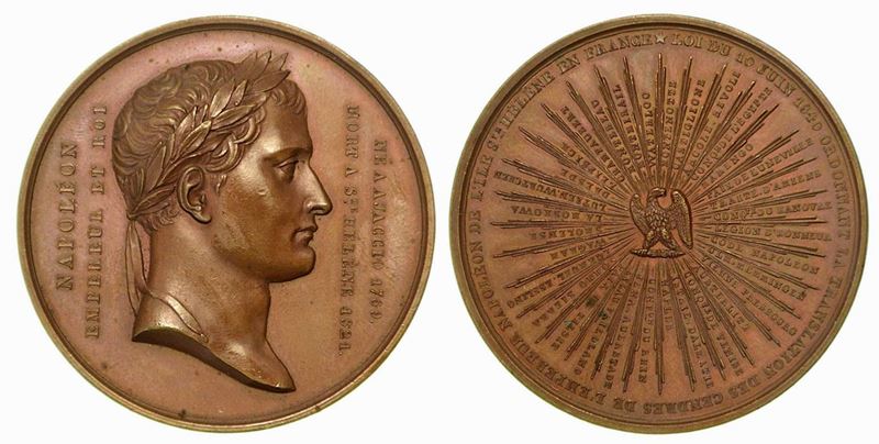 TRASLAZIONE A LES INVALIDES DELLE CENERI DI NAPOLEONE BUONAPARTE (1769-1821). Medaglia in bronzo 1840, Parigi.  - Auction Numismatics - Cambi Casa d'Aste