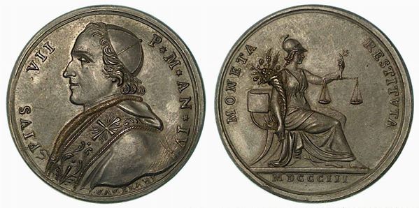 PIO VII, 1800-1823. RIFORMA DEL SISTEMA MONETARIO. Medaglia in bronzo anno IV (1803).