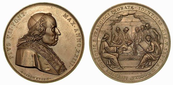 PIO VII, 1800-1823.  RICONOSCIMENTO DEL CORPO DI SAN FRANCESCO D'ASSISI. Medaglia in bronzo 1822.