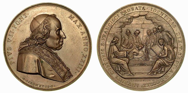 PIO VII, 1800-1823.  RICONOSCIMENTO DEL CORPO DI SAN FRANCESCO D'ASSISI. Medaglia in bronzo 1822.  - Auction Numismatics - Cambi Casa d'Aste