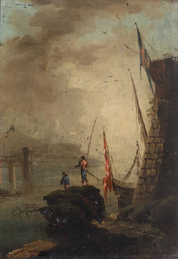 Scuola del XVIII secolo Veduta costiera con pescatori e imbarcazione