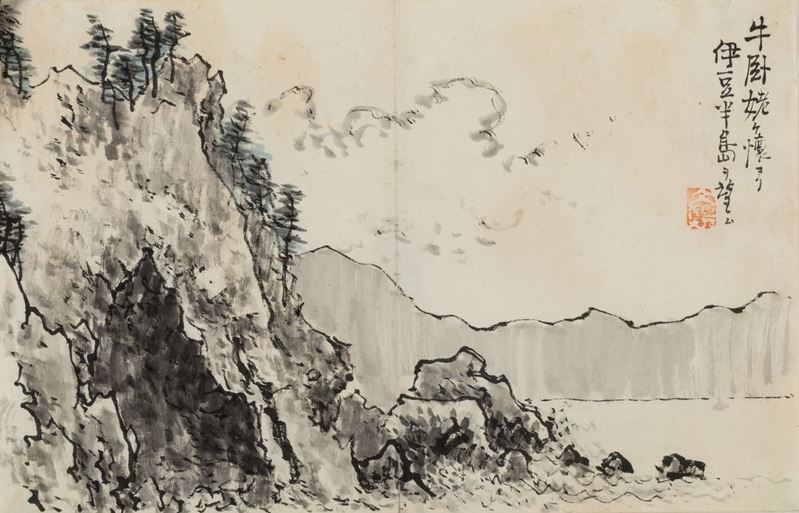 Disegno su carta raffigurante paesaggio montano con iscrizione, Cina, Dinastia Qing, XIX secolo  - Asta Arte Orientale - Cambi Casa d'Aste