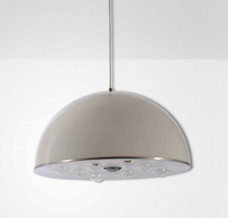 Lampada a sospensione con diffusore in metallo cromato e perspex.  - Auction Design Lab - Cambi Casa d'Aste
