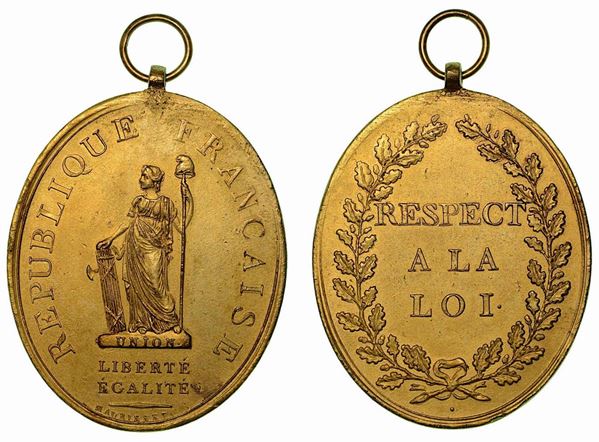AMMINISTRATORI PROCURATORI DELLA REPUBBLICA. Medaglia ovale in bronzo dorato con anello d'epoca.