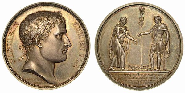 ENTRATA DI NAPOLEONE I E FRANCESCO II IMPERATORE A URSCHÜTZ. Medaglia in argento 1805, Parigi.