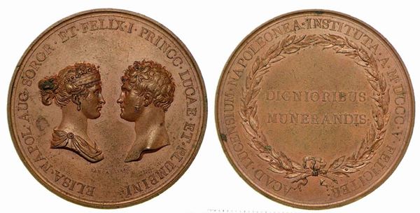 ELISA BONAPARTE E FELICE BACIOCCHI (1805-1814), REGIA ACCADEMIA LUCCHESE DI LETTERE, SCIENZE E ARTI. Medaglia premio in bronzo 1805.