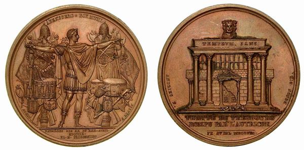 TRATTATO DI PRESBURGO VIOLATO DALL'AUSTRIA: BATTAGLIE D'ABENSBERG E ECKMUHL. Medaglia in bronzo 1809.