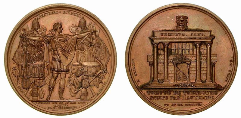 TRATTATO DI PRESBURGO VIOLATO DALL'AUSTRIA: BATTAGLIE D'ABENSBERG E ECKMUHL. Medaglia in bronzo 1809.  - Auction Numismatics - Cambi Casa d'Aste